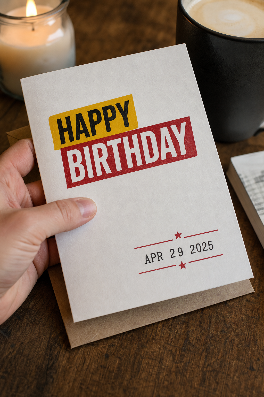 Classic editorial birthday card with date badge
