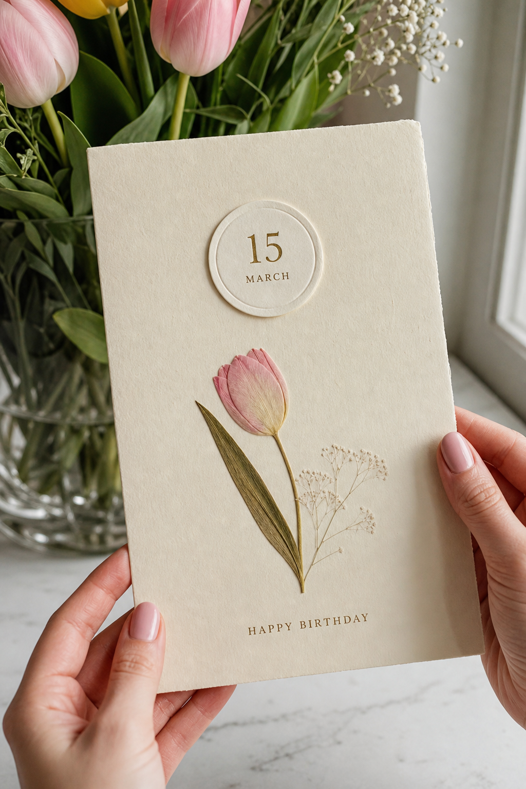 Classic editorial birthday card with date badge
